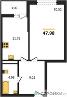 Планировка однокомнатной(квартира) площадью 47.98 квадратных метров в “ЖК Riga Hills (Рига Хиллс)”