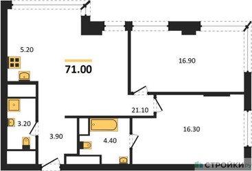 Планировка двухкомнатной(квартира) площадью 71.4 квадратных метров в ЖК “ЖК VERY на Миклухо-Маклая (Вери на Миклухо-Маклая)”