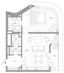 Планировка 4+ комнатной(квартира) площадью 82.9 квадратных метров в ЖК “Клубный дом PHANTOM (Фантом)”