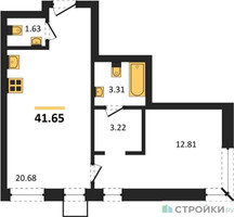 Планировка однокомнатной(квартира) площадью 41.65 квадратных метров в “ЖК CitiMix Новокосино (Ситимикс Новокосино)”