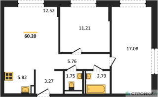 Планировка двухкомнатной(квартира) площадью 60.2 квадратных метров в “ЖК Квартал Марьино”