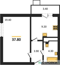 Планировка однокомнатной(квартира) площадью 37.8 квадратных метров в ЖК “ЖК Пироговская Ривьера”