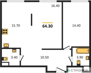Планировка двухкомнатной(квартира) площадью 64.3 квадратных метров в ЖК “ЖК Архитектор”