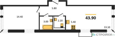 Планировка однокомнатной(квартира) площадью 43.9 квадратных метров в ЖК “ЖК Квартал Западный”