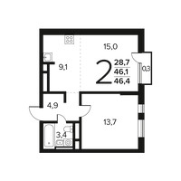 Планировка двухкомнатной(квартира) площадью 46.4 квадратных метров в “Новые Ватутинки. Заречный”