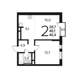 Планировка двухкомнатной(квартира) площадью 46.4 квадратных метров в ЖК “Новые Ватутинки. Заречный”
