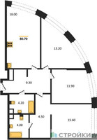 Планировка трехкомнатной(квартира) площадью 80.7 квадратных метров в “ЖК Нагатино Ай-Лэнд”