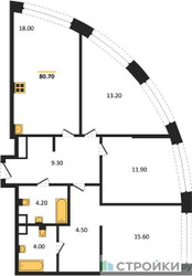 Планировка трехкомнатной(квартира) площадью 80.7 квадратных метров в ЖК “ЖК Нагатино Ай-Лэнд”