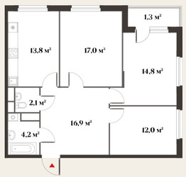 Планировка трехкомнатной(квартира) площадью 82.7 квадратных метров в ЖК “Миниполис 8 кленов”