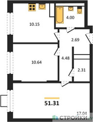 Планировка двухкомнатной(квартира) площадью 51.31 квадратных метров в “ЖК Прибрежный Парк”