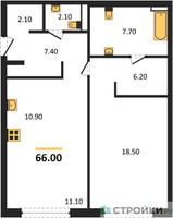 Планировка однокомнатной(квартира) площадью 66.8 квадратных метров в “Роскошный квартал Life Time”