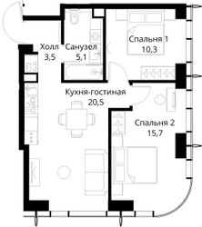 Планировка двухкомнатной(квартира) площадью 55.1 квадратных метров в ЖК “ЖК Сити Бэй”