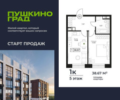 Планировка однокомнатной(квартира) площадью 38.67 квадратных метров в “ЖК Пушкино Град”