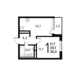 Планировка однокомнатной(квартира) площадью 35.4 квадратных метров в ЖК “Новые Ватутинки. Заречный”