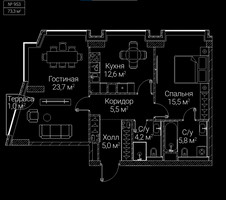 Планировка двухкомнатной(квартира) площадью 73.3 квадратных метров в “ЖК СЕЗАР БУДУЩЕЕ”
