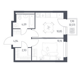 Планировка однокомнатной(квартира) площадью 33.44 квадратных метров в ЖК “ЖК Новое Видное”
