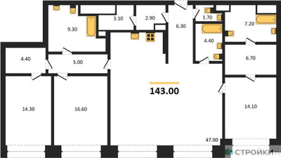 Планировка трехкомнатной(квартира) площадью 143 квадратных метров в ЖК “ЖК Коллекция Лужники”