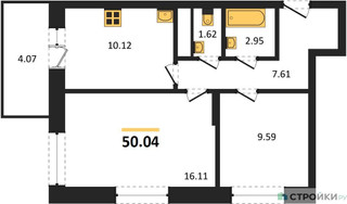 Планировка двухкомнатной(квартира) площадью 50.04 квадратных метров в “ЖК ВОСТОК II”