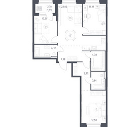 Планировка трехкомнатной(квартира) площадью 83.27 квадратных метров в ЖК “ЖК Заречье Парк”