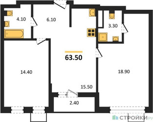 Планировка двухкомнатной(квартира) площадью 63.5 квадратных метров в ЖК “ЖК Прокшино”