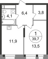 Планировка однокомнатной(квартира) площадью 39.7 квадратных метров в “ЖК Первый Московский”