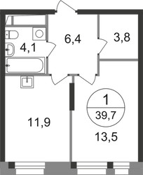 Планировка однокомнатной(квартира) площадью 39.7 квадратных метров в ЖК “ЖК Первый Московский”