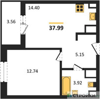 Планировка однокомнатной(квартира) площадью 37.99 квадратных метров в “ЖК Светлый мир Станция Л”