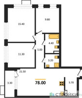 Планировка трехкомнатной(квартира) площадью 78 квадратных метров в “ЖК Прокшино”