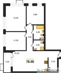 Планировка трехкомнатной(квартира) площадью 78 квадратных метров в ЖК “ЖК Прокшино”