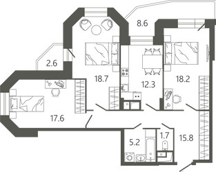 Планировка трехкомнатной(квартира) площадью 93.4 квадратных метров в ЖК “ЖК Советская 18”