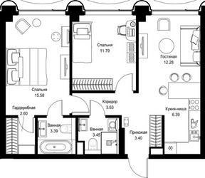 Планировка двухкомнатной(квартира) площадью 62.51 квадратных метров в ЖК “Дом премиум-класса МИРА”