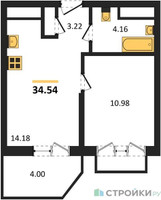 Планировка однокомнатной(квартира) площадью 34.54 квадратных метров в “ЖК ВОСТОК II”