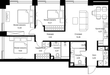 Планировка трехкомнатной(квартира) площадью 79.83 квадратных метров в ЖК “ЖК Сити Бэй”