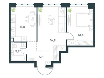 Планировка двухкомнатной(квартира) площадью 52 квадратных метров в ЖК “ЖК Левел Южнопортовая”