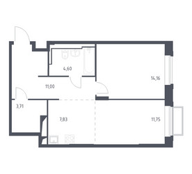 Планировка однокомнатной(квартира) площадью 53 квадратных метров в ЖК “ЖК Долина Яузы”