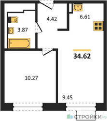 Планировка однокомнатной(квартира) площадью 34.62 квадратных метров в ЖК “ЖК Молжаниново”