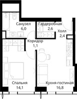 Планировка однокомнатной(квартира) площадью 43 квадратных метров в “ЖК Сити Бэй”