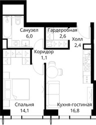 Планировка однокомнатной(квартира) площадью 43 квадратных метров в ЖК “ЖК Сити Бэй”