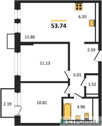 Планировка двухкомнатной(квартира) площадью 53.74 квадратных метров в ЖК “ЖК Новое Видное”