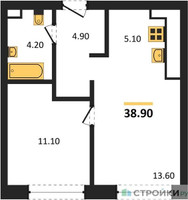 Планировка однокомнатной(квартира) площадью 38.9 квадратных метров в “ЖК Upside Towers (Апсайд Тауэрс)”