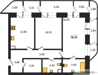 Планировка двухкомнатной(квартира) площадью 78.78 квадратных метров в ЖК “Квартал Foriver”