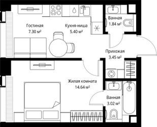 Планировка однокомнатной(квартира) площадью 35.65 квадратных метров в ЖК “ЖК Веер”