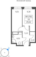 Планировка однокомнатной(апартаменты) площадью 29.62 квадратных метров в “ЖК Волковская 67”