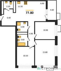 Планировка трехкомнатной(квартира) площадью 77.8 квадратных метров в ЖК “ЖК Скандинавия”
