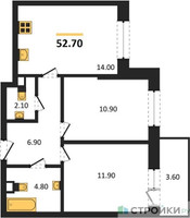 Планировка двухкомнатной(квартира) площадью 52.7 квадратных метров в “ЖК Одинцовские кварталы”