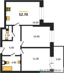 Планировка двухкомнатной(квартира) площадью 52.7 квадратных метров в ЖК “ЖК Одинцовские кварталы”