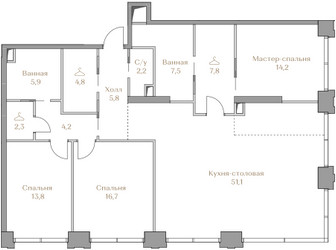 Планировка трехкомнатной(квартира) площадью 136.3 квадратных метров в ЖК “ЖК Коллекция Лужники”
