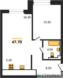 Планировка однокомнатной(квартира) площадью 47.7 квадратных метров в ЖК “ЖК INJOY (Инджой)”