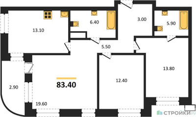 Планировка трехкомнатной(квартира) площадью 83.4 квадратных метров в ЖК “ЖК Родина Парк”