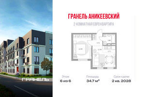 Планировка двухкомнатной(квартира) площадью 34.7 квадратных метров в “ЖК Аникеевский”